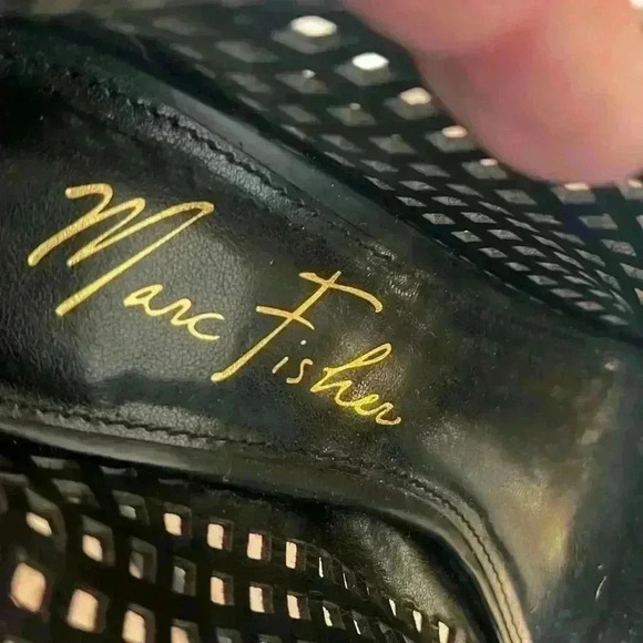 Marc Fisher Peddle Peep Toe Leather Suede Heels  Laser Cut Black Bootie size 6 - Picture 4 of 7